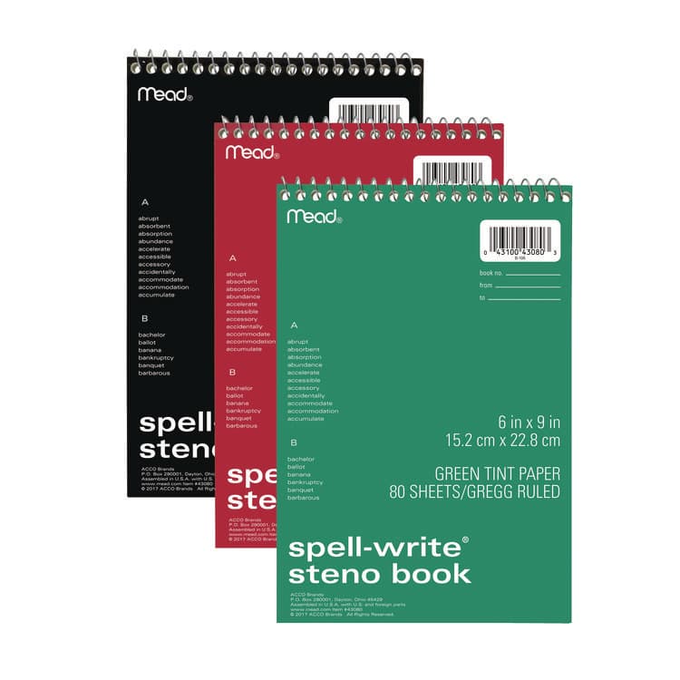 MEAD PRODUCTS Spell-Write Wirebound Steno Pad, Randomly Assorted Cover Colors, Gregg Rule, (80) Green 6 x 9 Sheets (MEA43080)