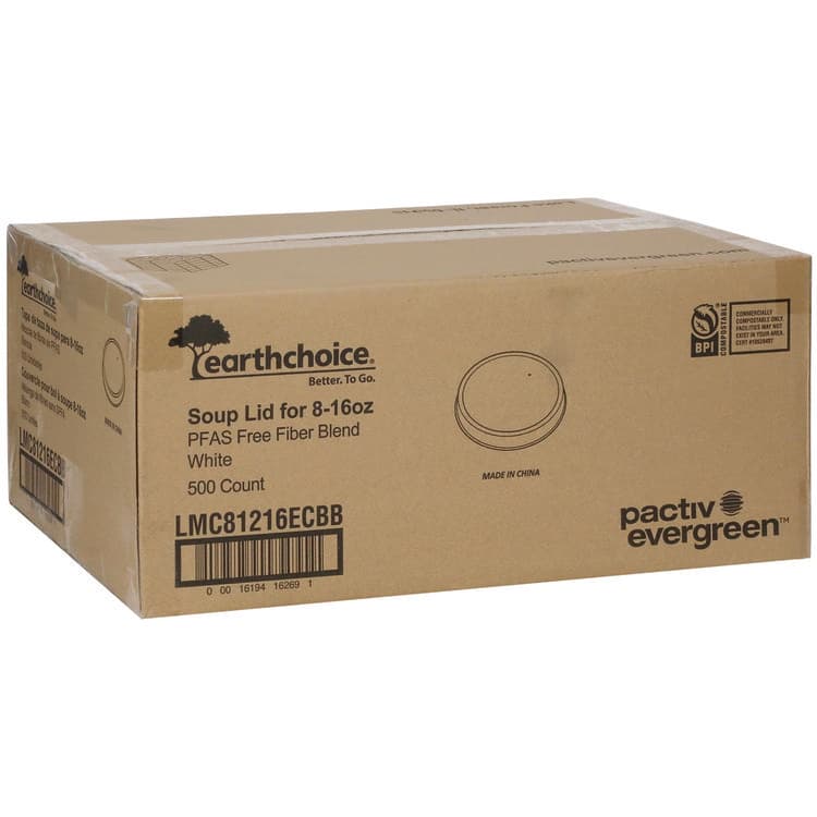 PACTIV EVERGREEN CORPORATION EarthChoice PFAS-Free Compostable Soup Cup Lid, For 8 oz to 16 oz Soup Cups, 4" Diameter, White, Sugarcane, 500/Carton (PCTLMC81216ECBB) thumbnail 2