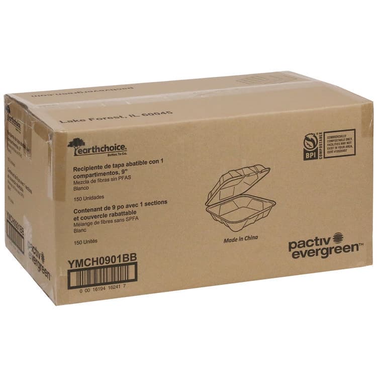 PACTIV EVERGREEN CORPORATION EarthChoice PFAS Free Compostable Hinged Lid Container, 9 x 9 x 3.5, White, Sugarcane, 150/Carton (PCTYMCH0901BB) thumbnail 2