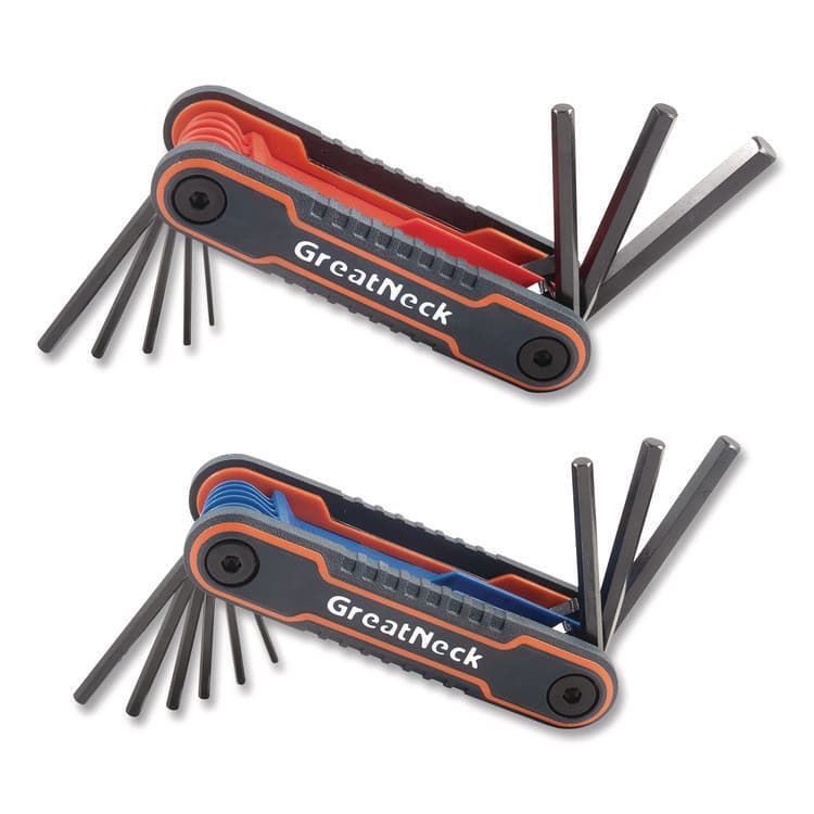 GREAT NECK SAW MFG. Hex Key Fold-Up Tool Set, Two-Piece, Metric/SAE, Black-Oxide/Blue (SAE), Black-Oxide/Red (Metric) (GNS74205)
