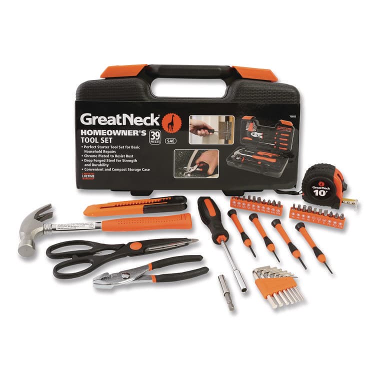GREAT NECK SAW MFG. Homeowner's 39-Piece Tool Set, 12.38" x 3" x 7.25" Carry Case (GNS73802)