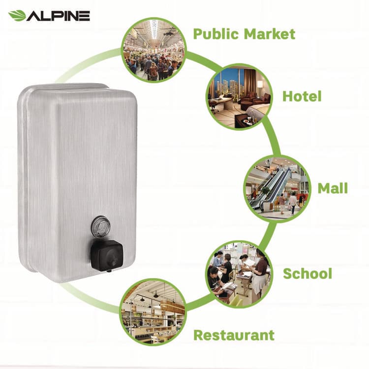 ALPINE INDUSTRIES Vertical Manual Surface-Mounted Stainless Steel Liquid Soap Dispenser, 40 oz, 2.8 x 4.8 x 8.1, Brushed Stainless Steel (ALHALP423SSB) thumbnail 2