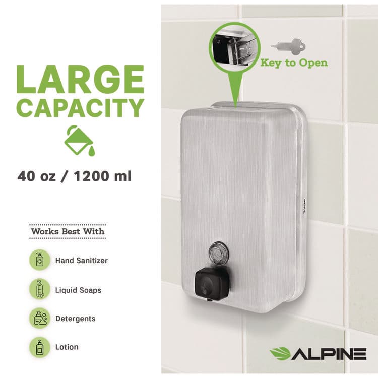 ALPINE INDUSTRIES Vertical Manual Surface-Mounted Stainless Steel Liquid Soap Dispenser, 40 oz, 2.8 x 4.8 x 8.1, Brushed Stainless Steel (ALHALP423SSB) thumbnail 3