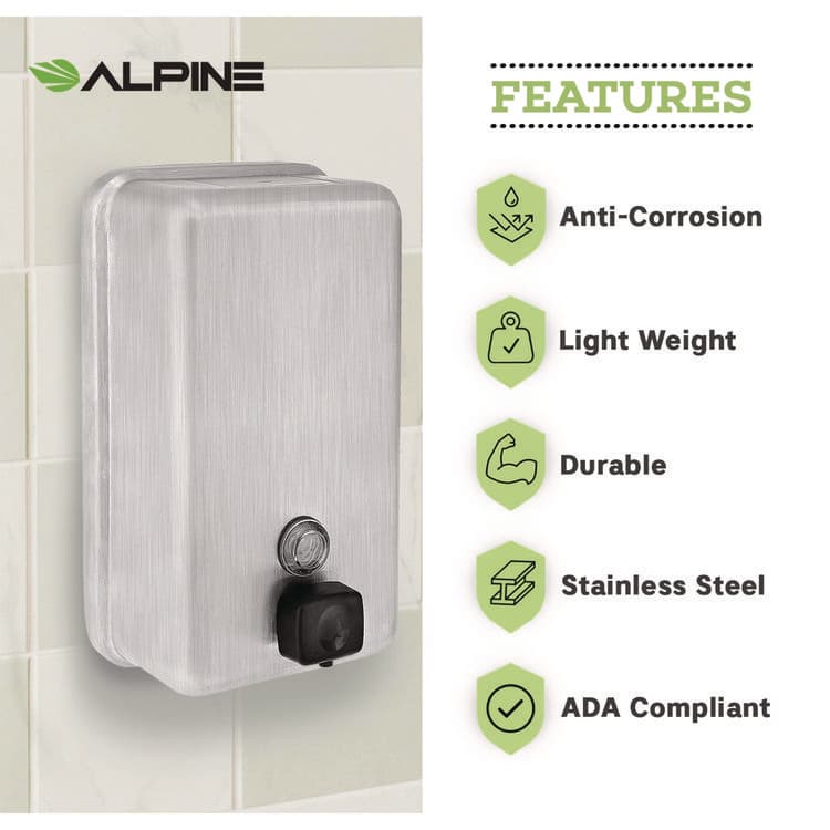ALPINE INDUSTRIES Vertical Manual Surface-Mounted Stainless Steel Liquid Soap Dispenser, 40 oz, 2.8 x 4.8 x 8.1, Brushed Stainless Steel (ALHALP423SSB) thumbnail 4