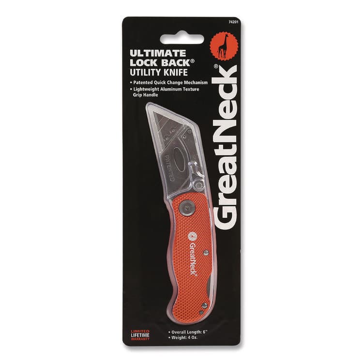 GREAT NECK SAW MFG. Quick Change Lock Back Utility Knife, 3.5" Aluminum Handle, Orange (GNS74201) thumbnail 3