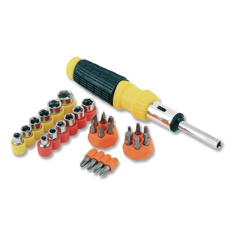 GREAT NECK SAW MFG. Ratcheting Screw/Nut Driver Set, 34-Piece, Hex/Phillips/Slotted/Star Bits, Metric/SAE Sockets, 8" Long, Yellow/Black Handle (GNS92018)
