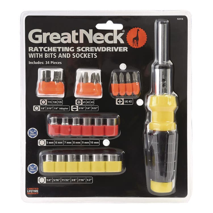 GREAT NECK SAW MFG. Ratcheting Screw/Nut Driver Set, 34-Piece, Hex/Phillips/Slotted/Star Bits, Metric/SAE Sockets, 8" Long, Yellow/Black Handle (GNS92018) thumbnail 3