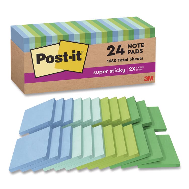 3M/COMMERCIAL TAPE DIV. 100% Recycled Paper Super Sticky Notes, 3" x 3", Oasis, 70 Sheets/Pad, 24 Pads/Pack (MMM654R24SSTCP)