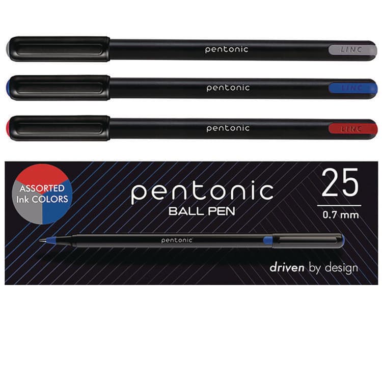 TOPS BUSINESS FORMS PENTONIC Ballpoint Pen, Stick, Fine 0.7 mm, Assorted Ink Colors, Black Barrel, 25/Pack (PNT12126)