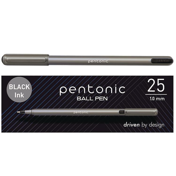 TOPS BUSINESS FORMS PENTONIC Ballpoint Pen, Stick, Medium 1 mm, Black Ink, Charcoal Gray Barrel, 25/Pack (PNT12128)