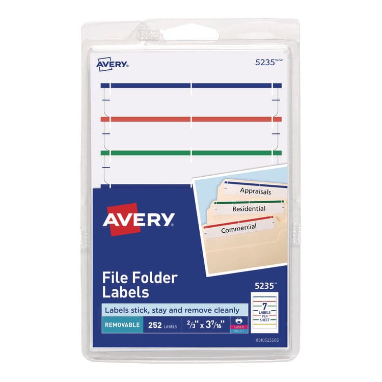 AVERY PRODUCTS CORPORATION Removable File Folder Labels with Sure Feed Technology, 0.66 x 3.44, White, 7/Sheet, 36 Sheets/Pack (AVE5235)