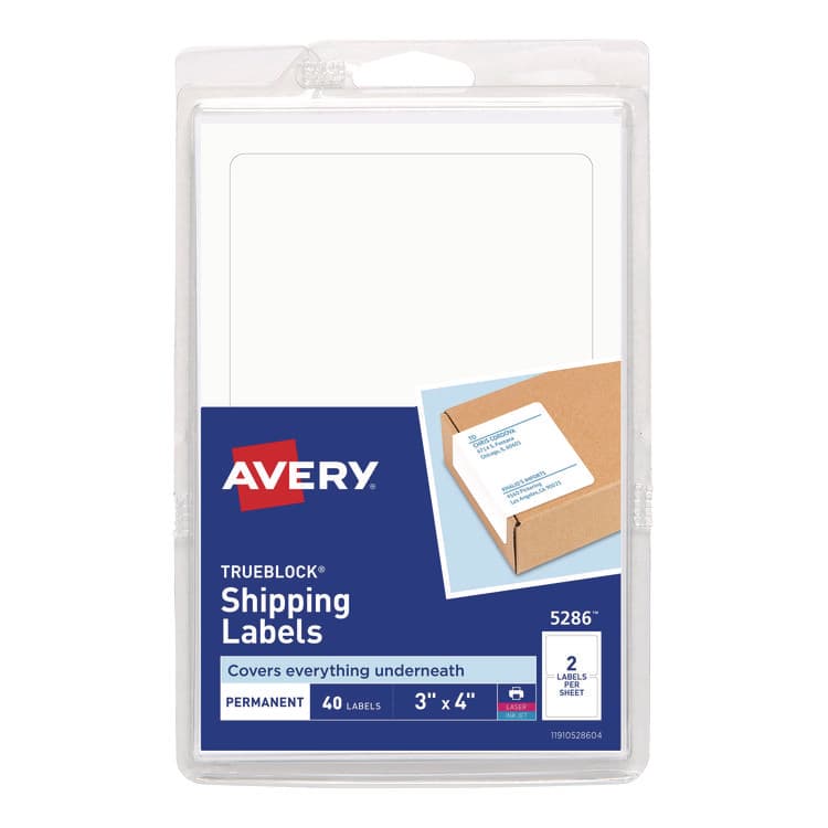 AVERY PRODUCTS CORPORATION Shipping Labels with TrueBlock Technology, Inkjet/Laser Printers, 4 x 3, White, 2/Sheet, 20 Sheets/Pack (AVE05286)
