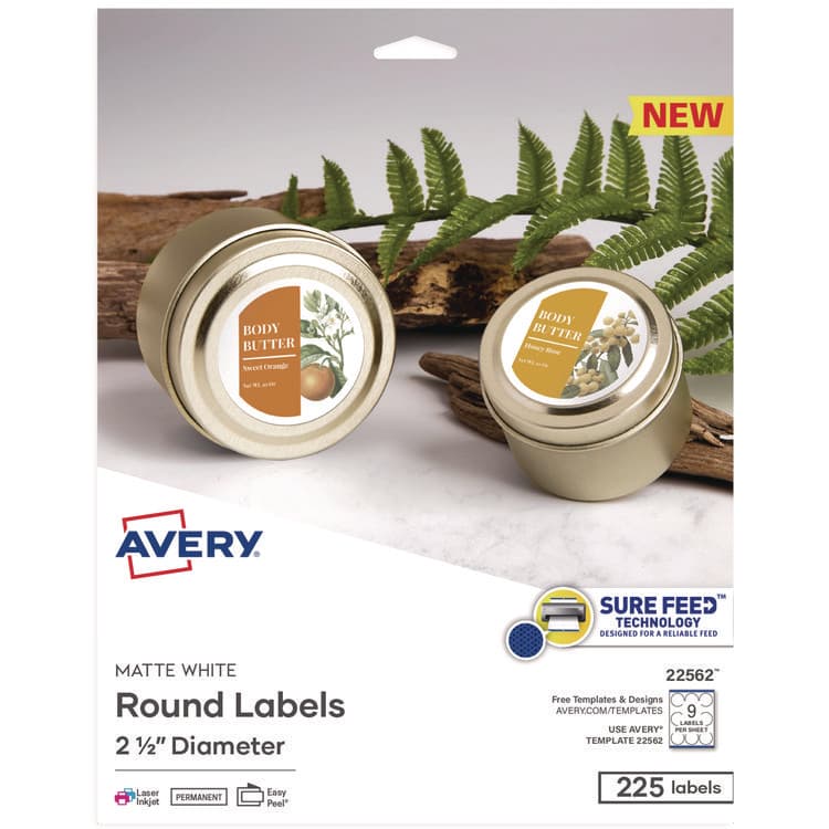 AVERY PRODUCTS CORPORATION Laser/Inkjet Media Labels, Inkjet/Laser Printers, 2.5" dia, Matte White, 9 Labels/Sheet, 25 Sheets/Pack (AVE22562)