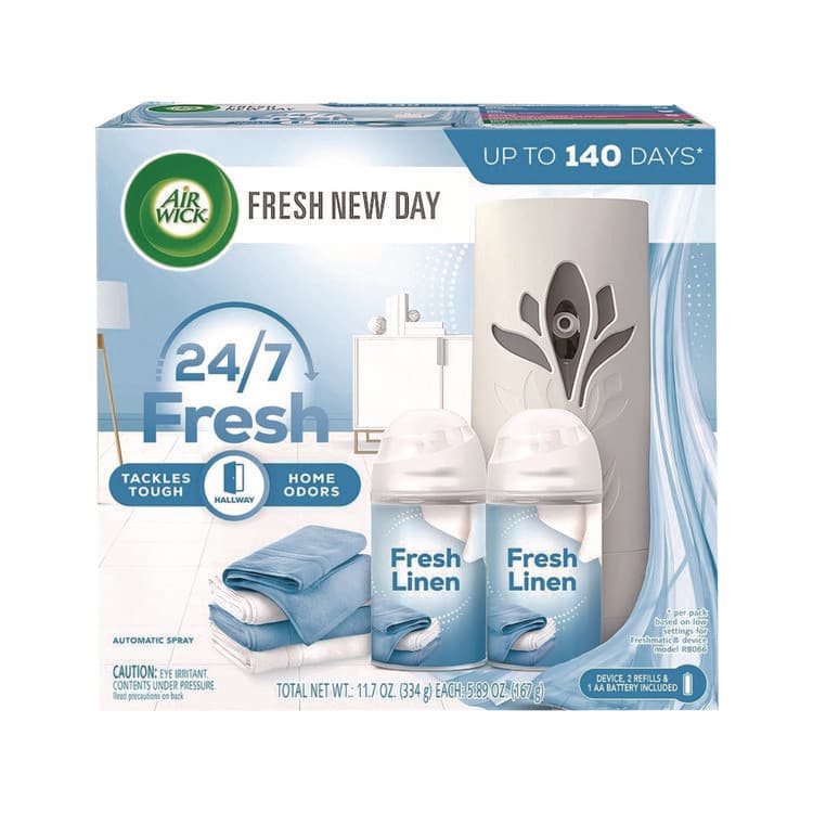 RECKITT BENCKISER Freshmatic Ultra Automatic Starter Kit, Gadget/(2) 5.89 oz Fresh Linen Refills/AA Battery, 4 Kits/Carton (RAC01918CT) thumbnail 2