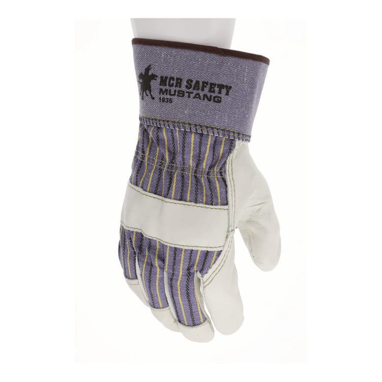 MCR SAFETY Grain Leather Palm Gloves, Gunn Cut, Wing Thumb, Medium, Blue Striped/White, 12 Pairs (MPG1935M)