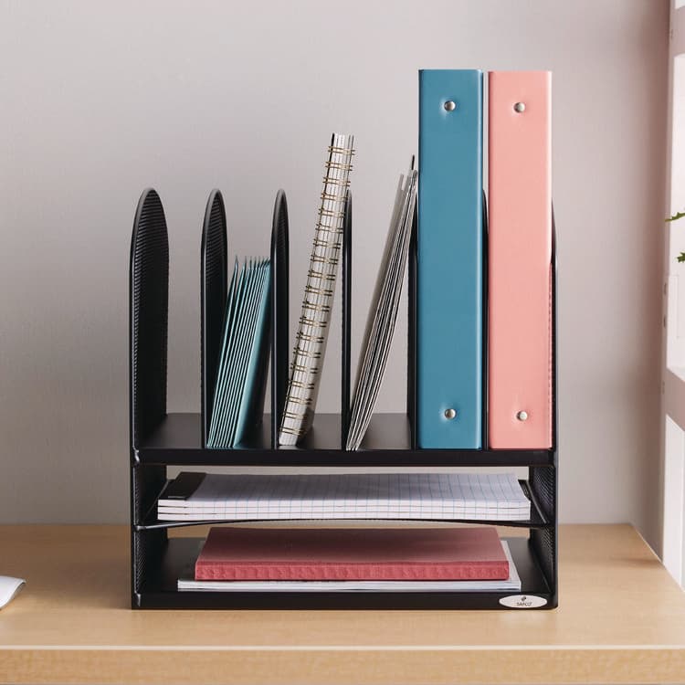 SAFCO PRODUCTS Onyx Mesh Desk Organizer with Two Horizontal and Six Upright Sections, Letter Size Files, 13.25" x 11.5" x 13", Black (SAF3255BL) thumbnail 3