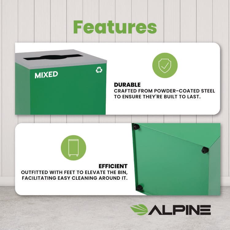 ALPINE INDUSTRIES 29 Gallon Trash/Recycling Cans, Steel, Green Mixed Recycling Can with Mixed Lid (ALH4450KITGRNMM) thumbnail 2