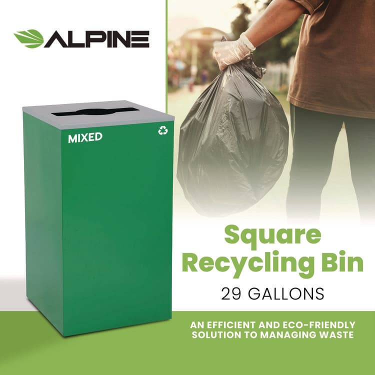 ALPINE INDUSTRIES 29 Gallon Trash/Recycling Cans, Steel, Green Mixed Recycling Can with Mixed Lid (ALH4450KITGRNMM) thumbnail 3
