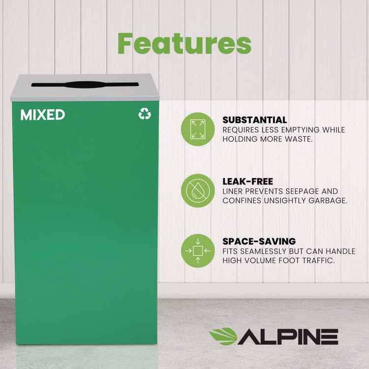 ALPINE INDUSTRIES 29 Gallon Trash/Recycling Cans, Steel, Green Mixed Recycling Can with Mixed Lid (ALH4450KITGRNMM) thumbnail 4