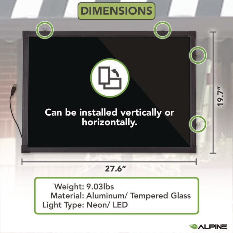 ALPINE INDUSTRIES LED Illuminated Hanging Message Writing Board, Black 26" x 18" Surface, Black 27.6" x 19.7" Frame (ALHALP49503) thumbnail 3