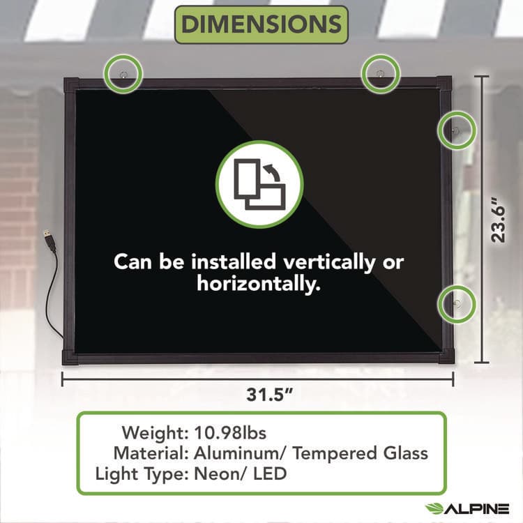 ALPINE INDUSTRIES LED Illuminated Hanging Message Writing Board, Black 22" x 30" Surface, Black 23.6" x 31.5" Frame (ALHALP49504) thumbnail 4
