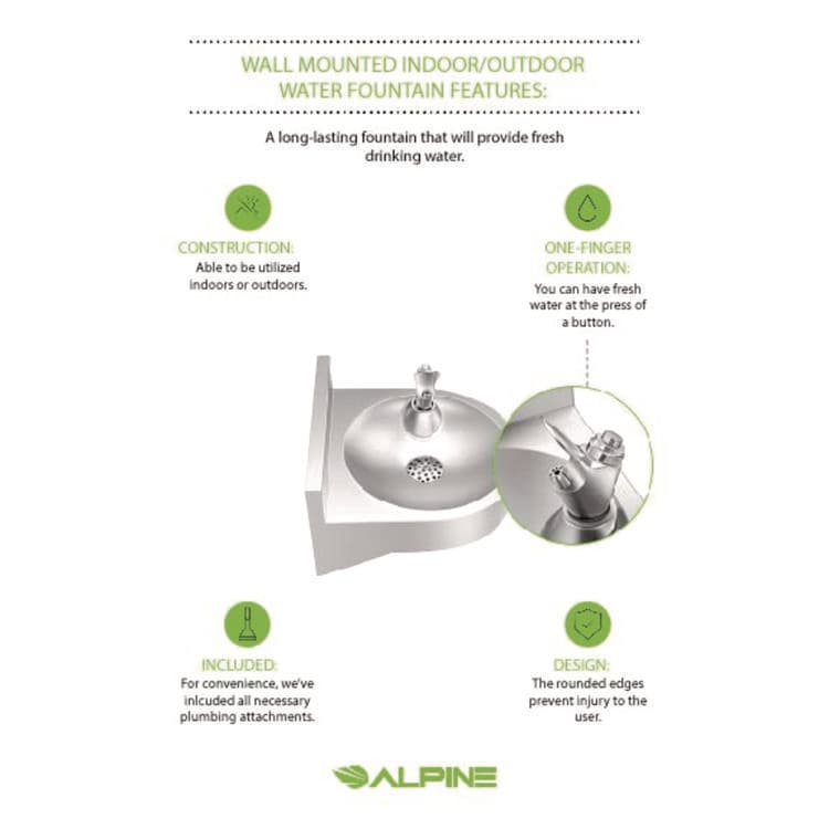 ALPINE INDUSTRIES Wall-Mounted Indoor/Outdoor Water Fountain, Single-Level, Non-Filtered, Non-Refrigerated, Silver (ALHALP70001) thumbnail 3