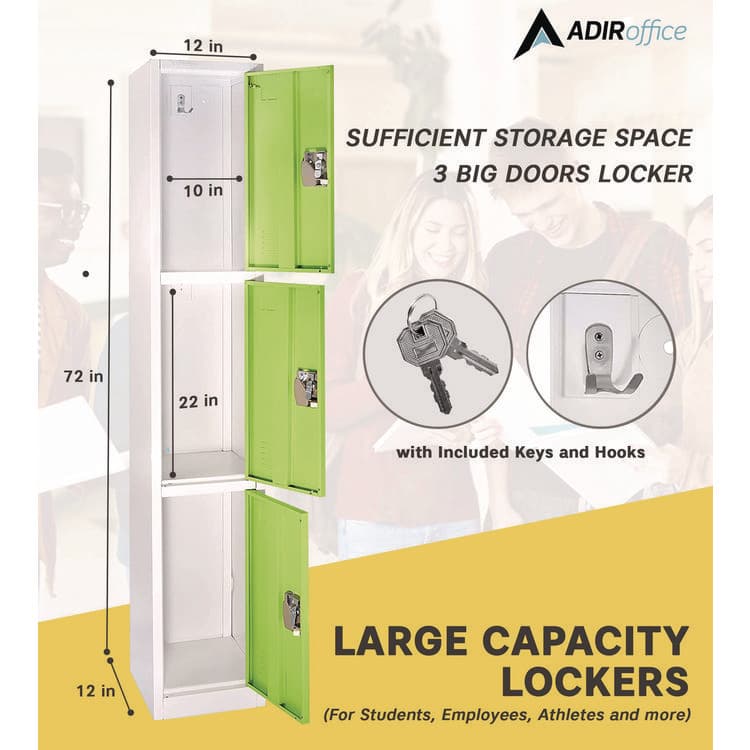 ADIROFFICE Steel Storage Locker, 3 Compartment, 12 x 12 x 72, Green (ALHI629203GRN) thumbnail 4