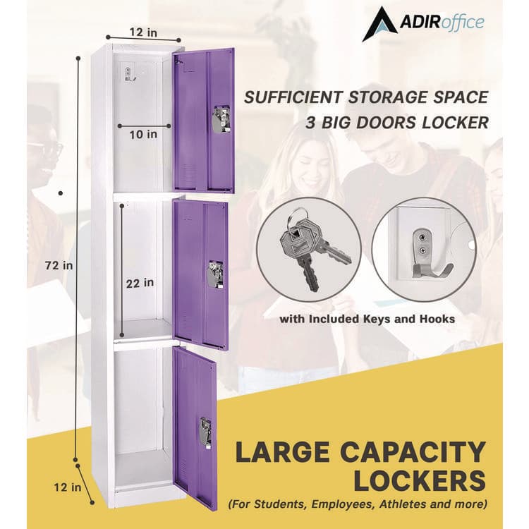 ADIROFFICE Steel Storage Locker, 3 Compartment, 12 x 12 x 72, Purple (ALHI629203PUR) thumbnail 4