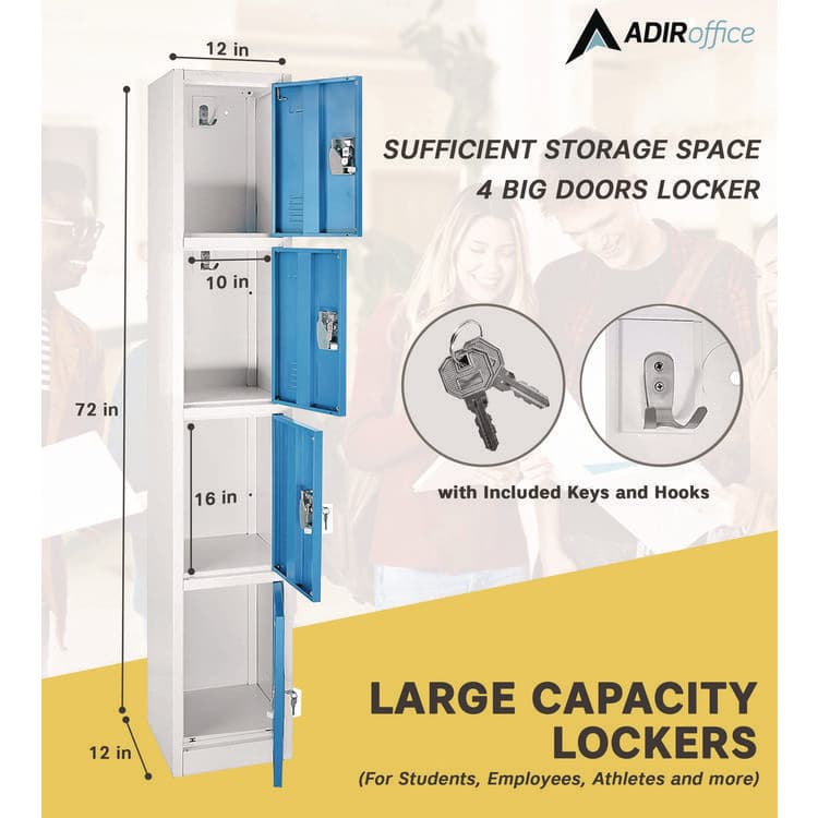 ADIROFFICE Steel Storage Locker, 4 Compartment, 12 x 12 x 72, Blue (ALHI629204BLU) thumbnail 4