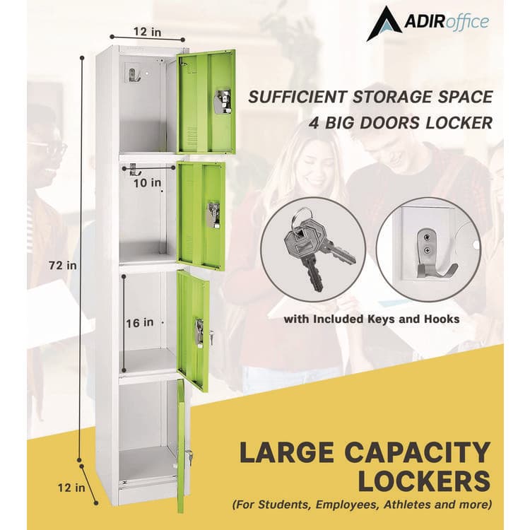 ADIROFFICE Steel Storage Locker, 4 Compartment, 12 x 12 x 72, Green (ALHI629204GRN) thumbnail 4