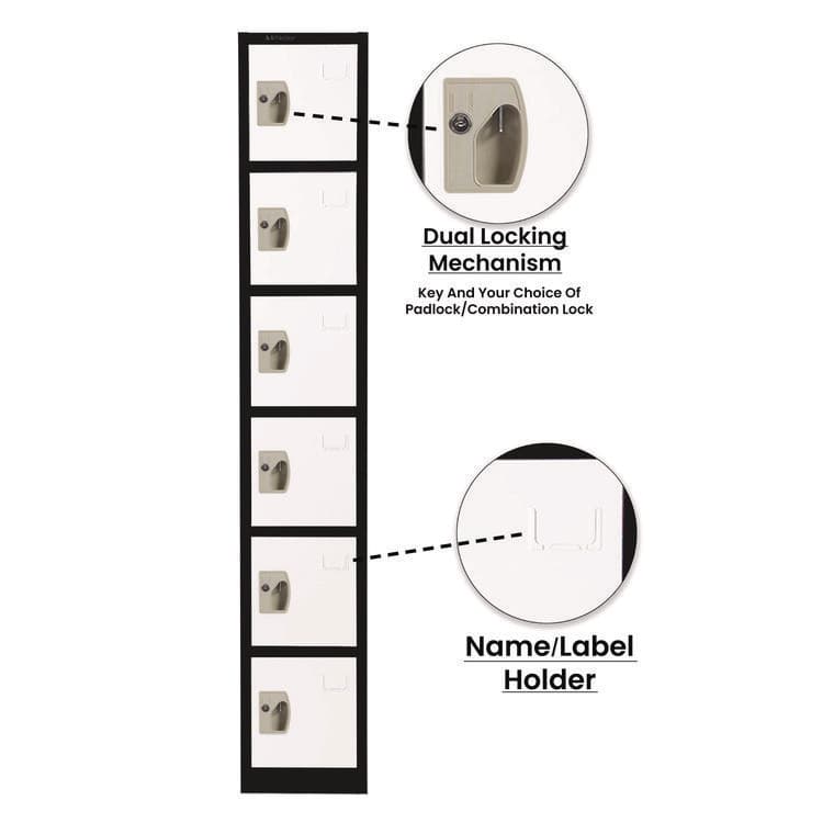 ADIROFFICE Steel Storage Locker, 6 Compartment, 12 x 12 x 72, Black Body/White Doors (ALHI629206BW) thumbnail 2