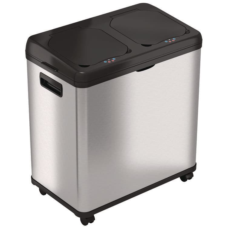 HLS COMMERCIAL Dual Compartment Sensor Recycle Bin and Trash Can with Wheels, 16 gal, Plastic/Stainless Steel, Silver/Black (HLMHLS16DCSS)