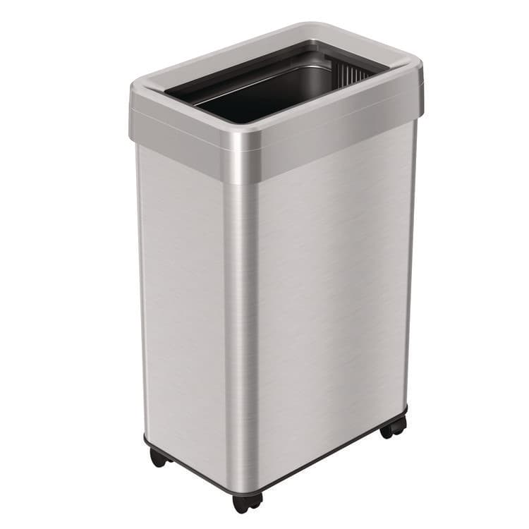 HLS COMMERCIAL Open Top Trash Can with Wheels, Rectangular, 16 gal, Plastic/Stainless Steel, Silver (HLMHLS16UOTM)