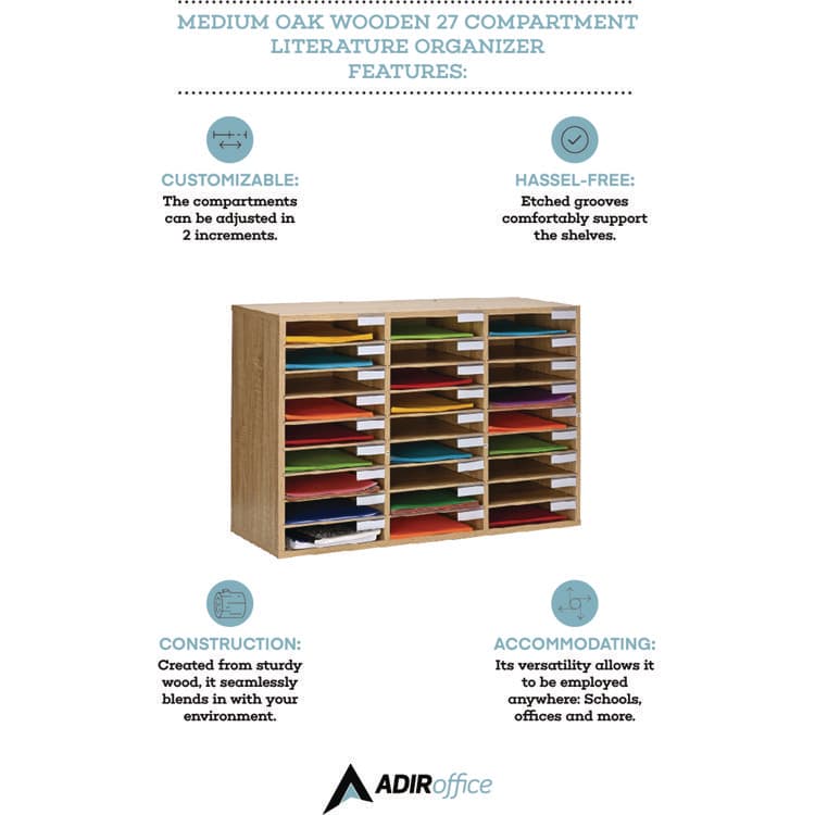 ADIROFFICE Wooden 27 Compartment Literature Organizer, 27 Sections, Letter Size, 31.49 x 11.81 x 21.65, Medium Oak (ALHIOF20101MEO) thumbnail 2
