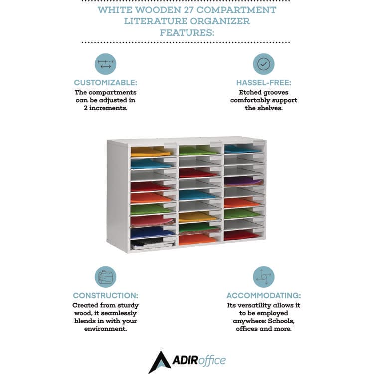 ADIROFFICE Wooden 27 Compartment Literature Organizer, 27 Sections, Letter Size, 31.49 x 11.81 x 21.65, White (ALHIOF20101WHI) thumbnail 2