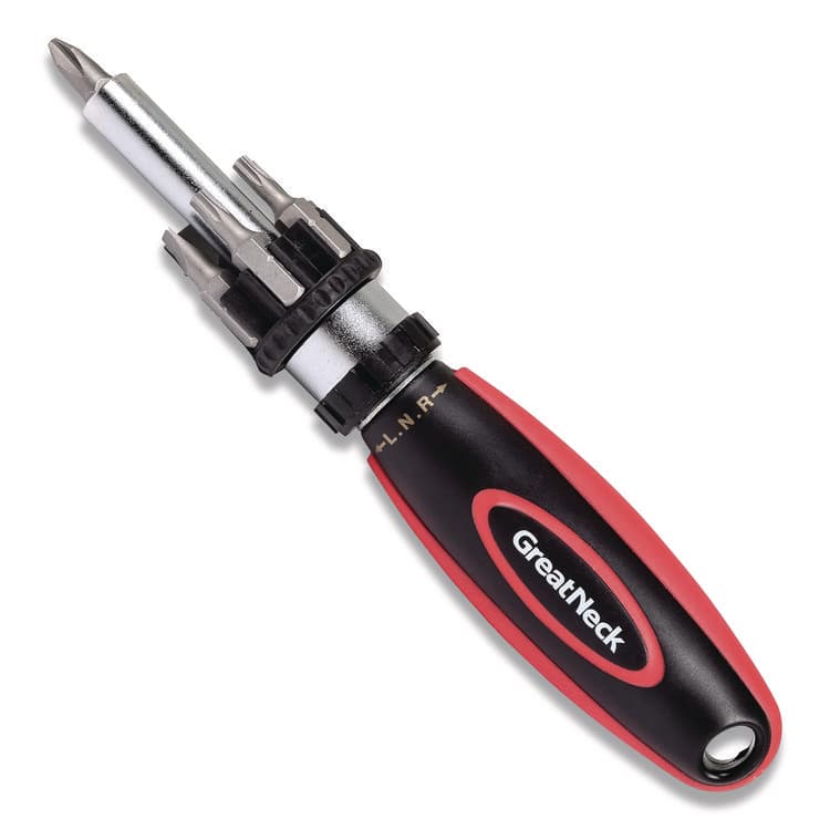 GREAT NECK SAW MFG. Ratcheting Screw/Nut Driver Set, Phillips/Slotted/Star Bits, 7" Long, Black/Red (GNS950DE)