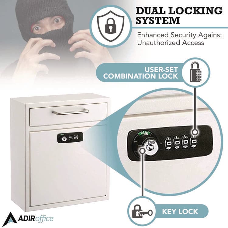 ADIROFFICE Medium Secure Drop Box Wall Mounted Locking Mail Box with Key and Combination Lock, 10.51 x 4.72 x 12, White (ALHI63105WHIKC) thumbnail 3