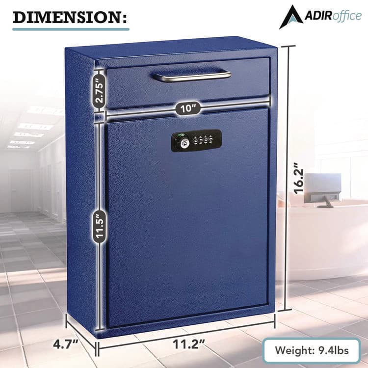 ADIROFFICE Large Secure Drop Box Wall Mounted Locking Mail Box with Key and Combination lock, 11.2 x 4.7 x 16.2, Blue (ALHI63104BLUKC) thumbnail 3