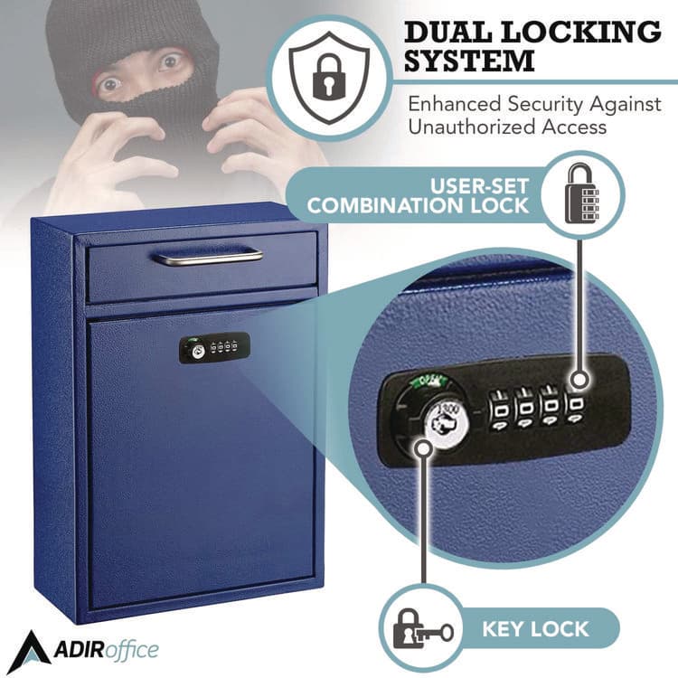ADIROFFICE Large Secure Drop Box Wall Mounted Locking Mail Box with Key and Combination lock, 11.2 x 4.7 x 16.2, Blue (ALHI63104BLUKC) thumbnail 4