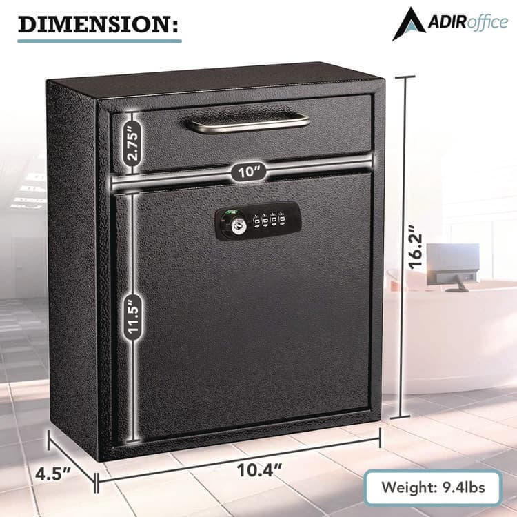 ADIROFFICE Medium Secure Drop Box Wall Mounted Locking Mail Box with Key and Combination Lock, 10.51 x 4.72 x 12, Black (ALHI63105BLKKC) thumbnail 3