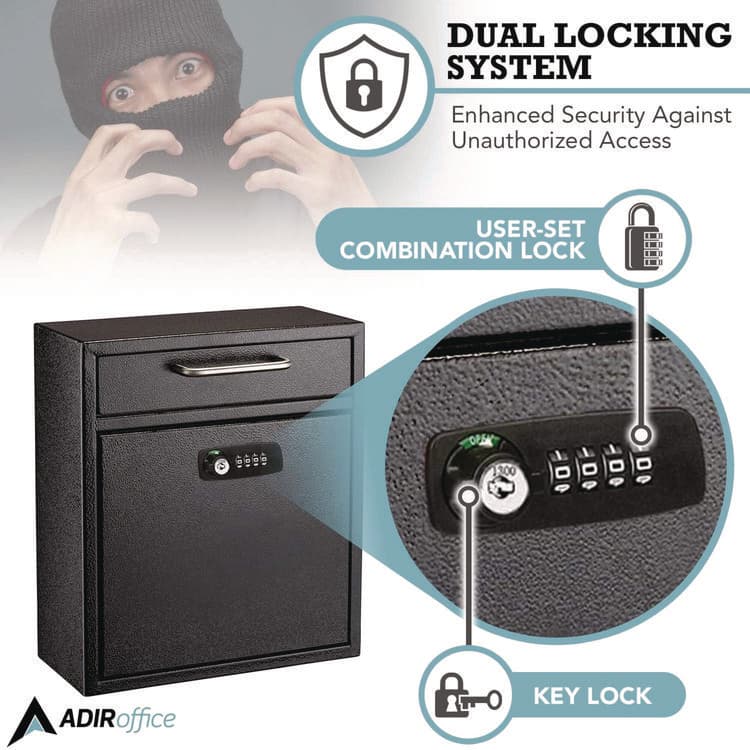 ADIROFFICE Medium Secure Drop Box Wall Mounted Locking Mail Box with Key and Combination Lock, 10.51 x 4.72 x 12, Black (ALHI63105BLKKC) thumbnail 4