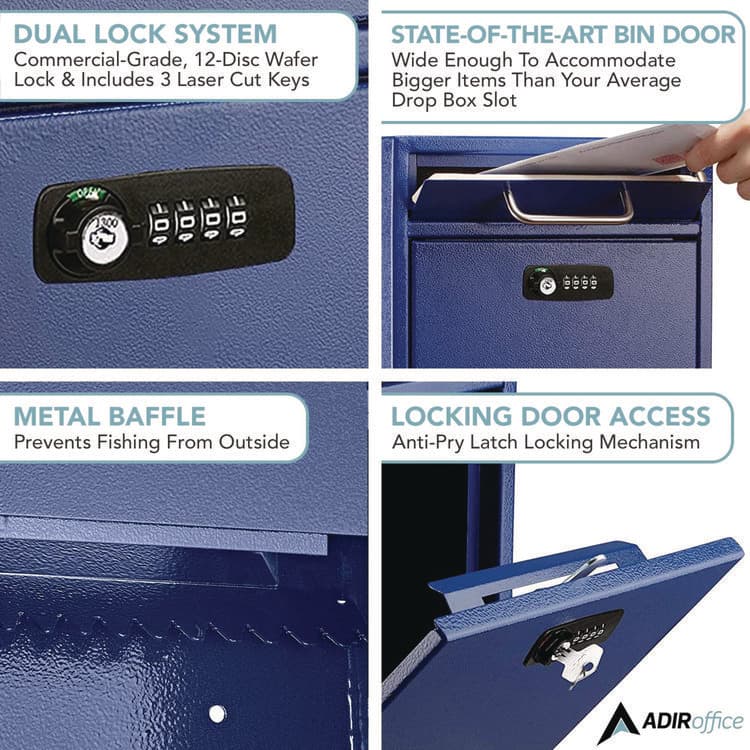 ADIROFFICE Medium Secure Drop Box Wall Mounted Locking Mail Box with Key and Combination Lock, 10.51 x 4.72 x 12, Blue (ALHI63105BLUKC) thumbnail 2