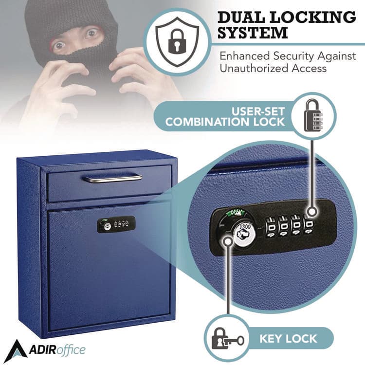 ADIROFFICE Medium Secure Drop Box Wall Mounted Locking Mail Box with Key and Combination Lock, 10.51 x 4.72 x 12, Blue (ALHI63105BLUKC) thumbnail 4