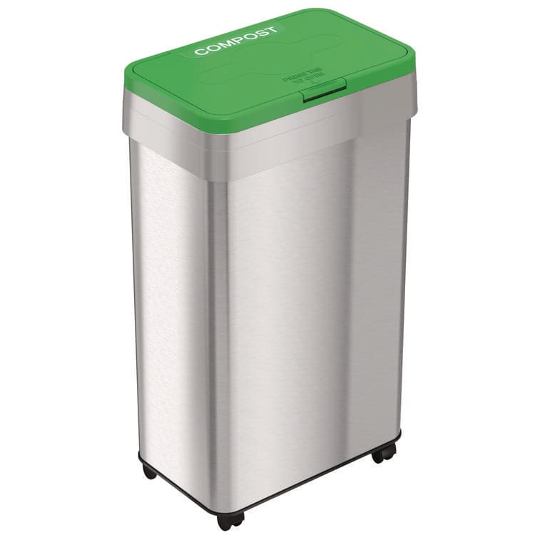 HLS COMMERCIAL Open Top Compost Bin with Wheels and Color-Coded Lid, 21 gal, Plastic/Stainless Steel, Silver/Green (HLMHLS21UOTMCOP)