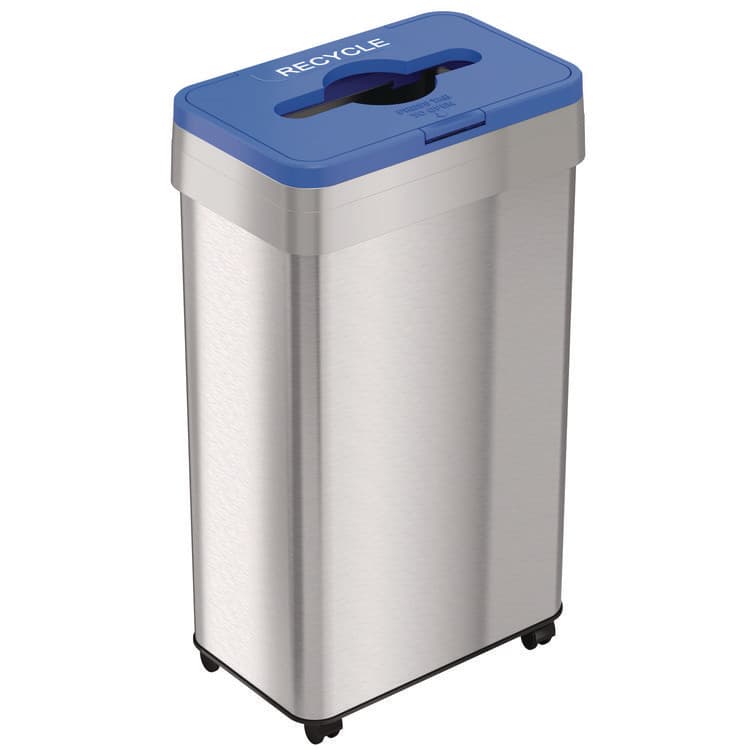 HLS COMMERCIAL Open Top Recycling Bin with Wheels and Color-Coded Lid, 21 gal, Plastic/Stainless Steel, Silver/Blue (HLMHLS21UOTMREC)