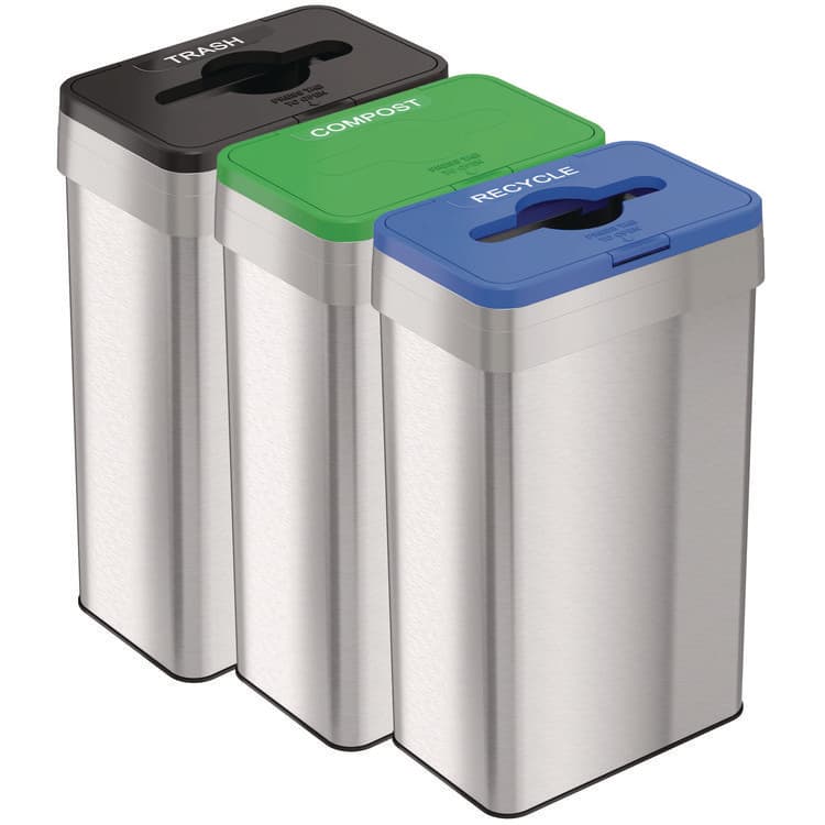 HLS COMMERCIAL Open Top Trash Can/Recycle Bin/Compost Bin w/Color-Coded Lids Set, 21 gal, Plastic/Stainless Steel, Silver/Black/Blue/Green (HLMHLS21UOTTRIO)
