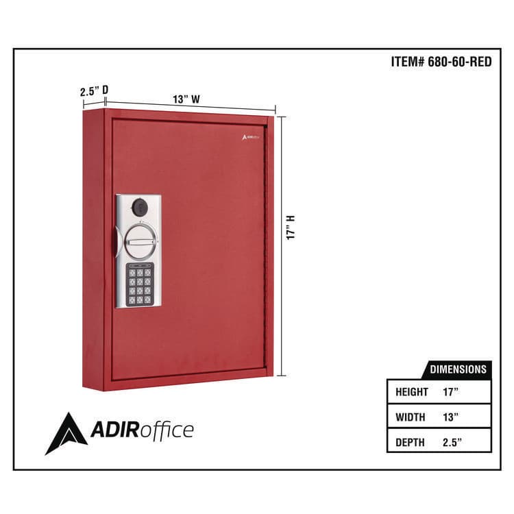 ADIROFFICE Steel Digital Lock Key Cabinet, 60-Key, 13 x 2.6 x 17, Stainless Steel 304, Red (ALHI68060RED) thumbnail 2