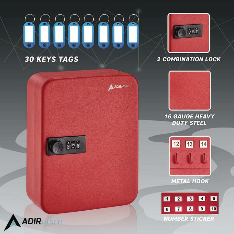 ADIROFFICE Steel Heavy-Duty Key Cabinet with Combination Lock, 30-Key, 6.4 x 3 x 8, Stainless Steel 304, Red (ALHI68230RED) thumbnail 3