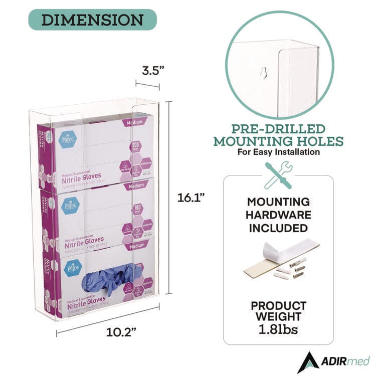 ADIRMED Acrylic Glove Dispenser, Triple Box Capacity, 10.2 x 3.5 x 16.1, Clear (ALHI90203) thumbnail 4