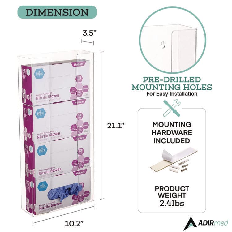 ADIRMED Acrylic Glove Dispenser, Quad Box Capacity, 10.2 x 3.5 x 21.1, Clear (ALHI90204) thumbnail 4